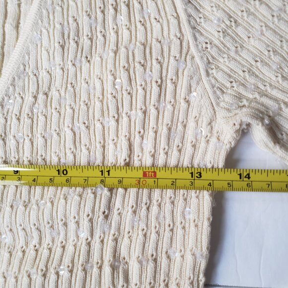 Ann Taylor Silk Beaded Belted V-Neck 3/4 Sleeve Faux Wrap Ivory Pullover - Picture 7 of 12